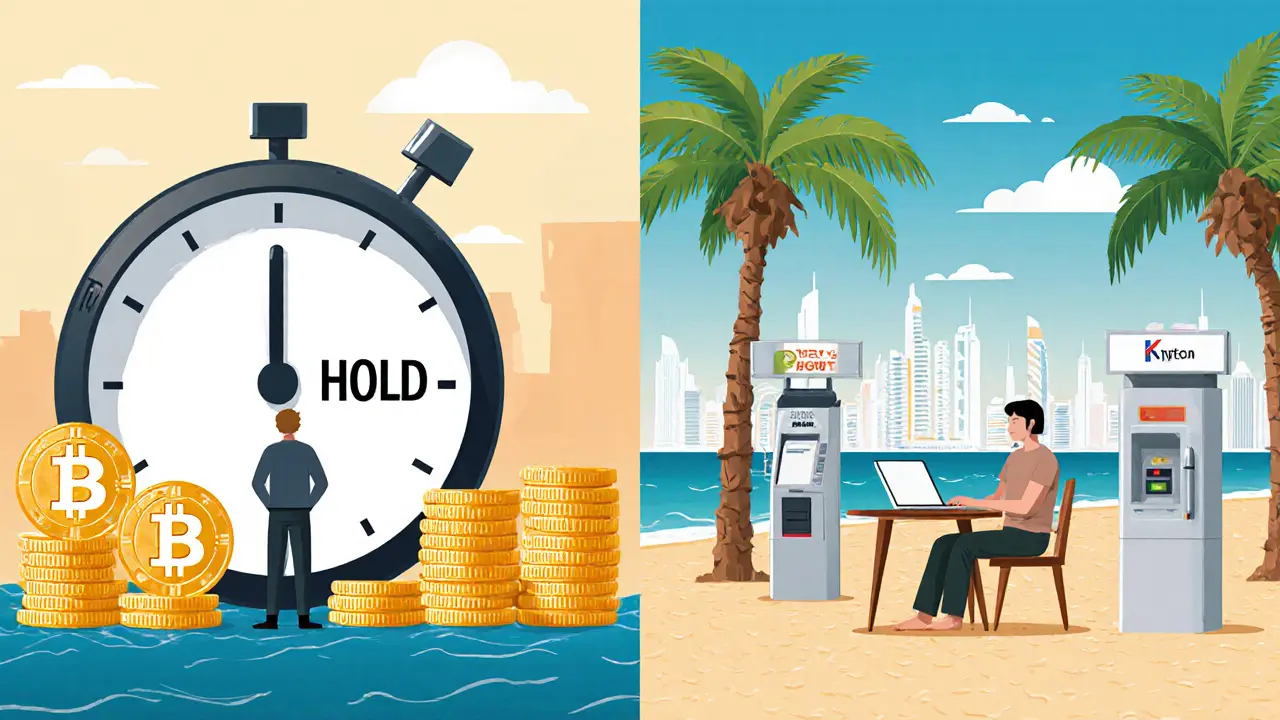 Vergleich: Eine Person wartet ein Jahr auf Krypto-Verkauf in Deutschland, während sie in Dubai steuerfrei handelt – klare zeitliche Strategie.
