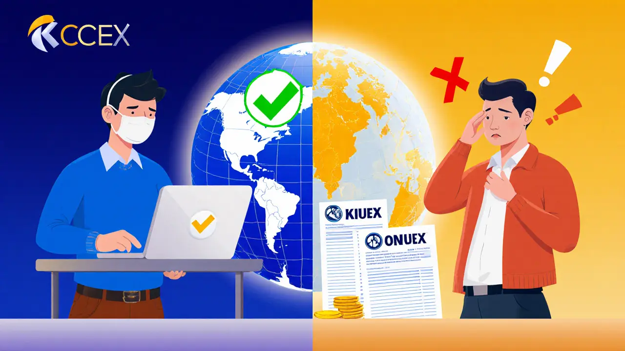 Vergleich: Trader ohne KYC bei KCEX links, mit langen Wartezeiten bei traditioneller Börse rechts.