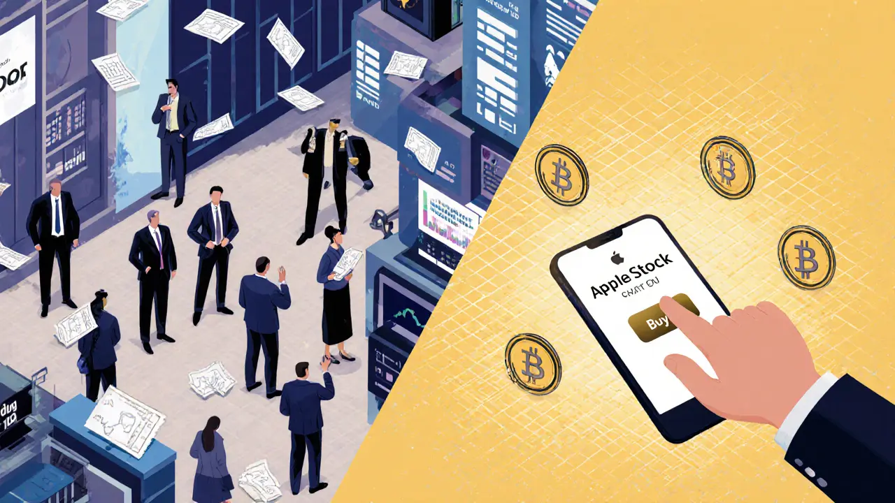 Vergleich von traditioneller Börse und digitaler Tokenisierung: links alte Börse, rechts moderne Blockchain-Investition mit Handy-Interaktion.