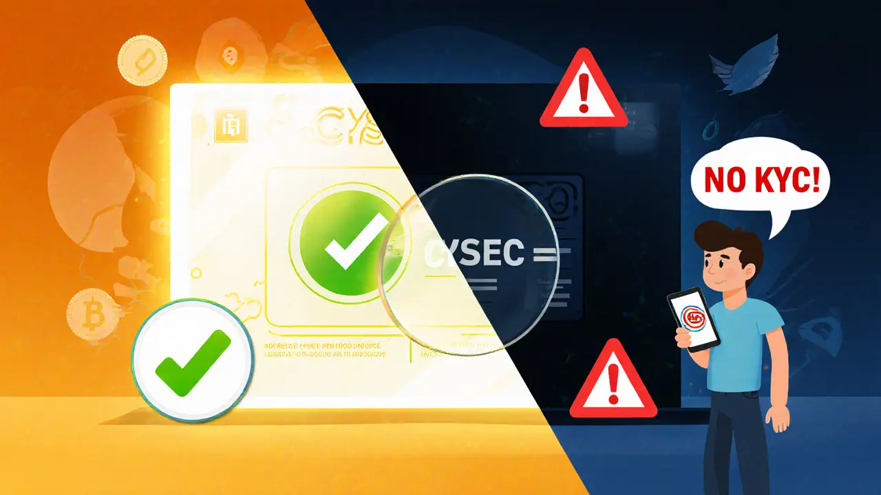 Vergleich zwischen einer sicheren, lizenzierten und einer riskanten, unregulierten Kryptobörse.