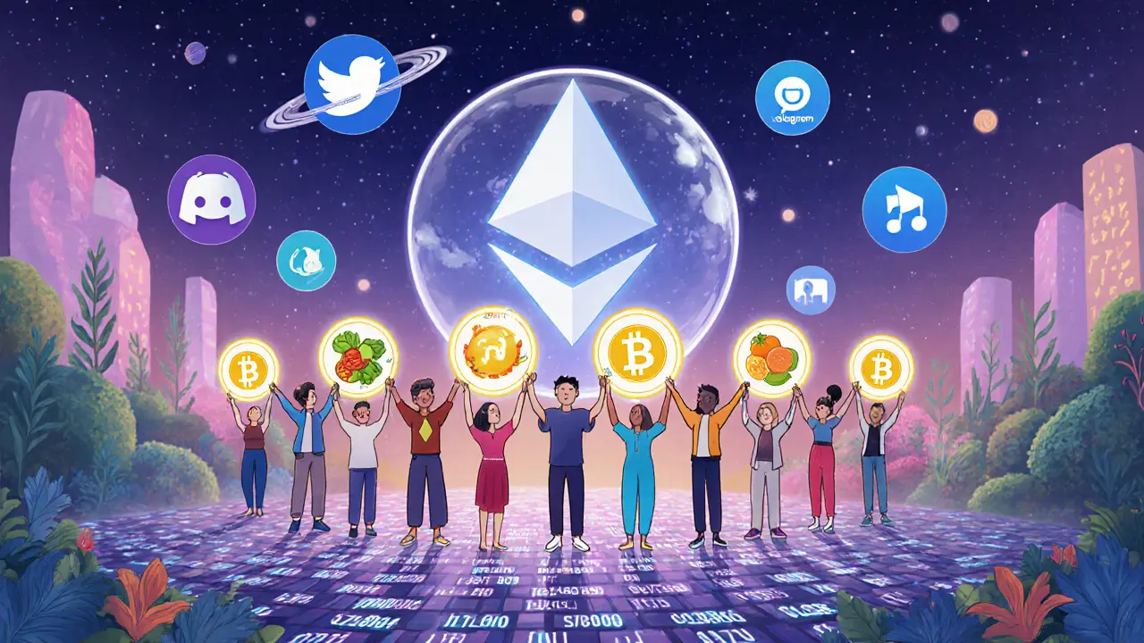 101 Spieler halten jeweils zwei leuchtende NFT-Zutaten, umgeben von Social-Media-Symbolen in einer digitalen Feier.