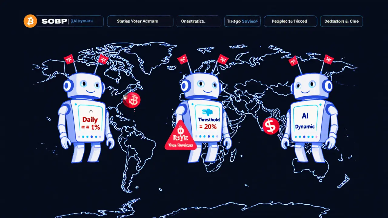 Drei animierte Handelsbots auf einem digitalen Dashboard, die unterschiedliche Rebalancing-Strategien verfolgen, mit Warnungen und Volatilitätswellen.