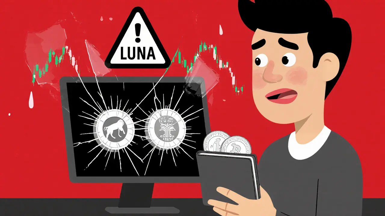 Ein Anleger blickt verwirrt auf einen Bildschirm mit zwei ähnlichen LUNA-Token, einer mit einer Pantherin, einer mit dem alten Terra-Logo.