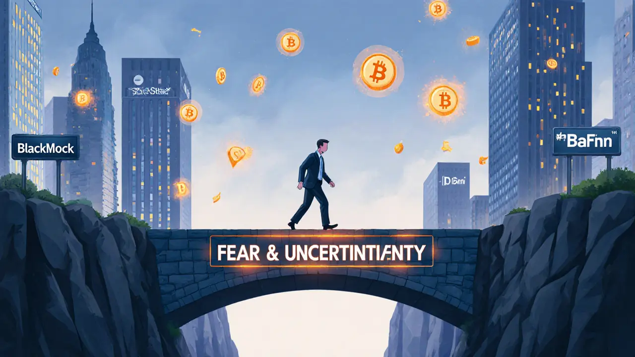 Ein einzelner Investor wagt einen Schritt über eine brüchige Brücke aus Blockchain-Token, während große Institute hinter ihm bleiben.