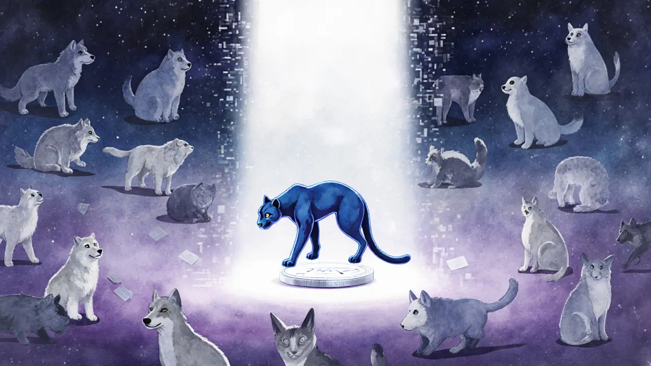 Ein einzelner LUNA-Token schwebt in einer leeren digitalen Landschaft, während andere Meme-Coins in Pixeln vergehen.