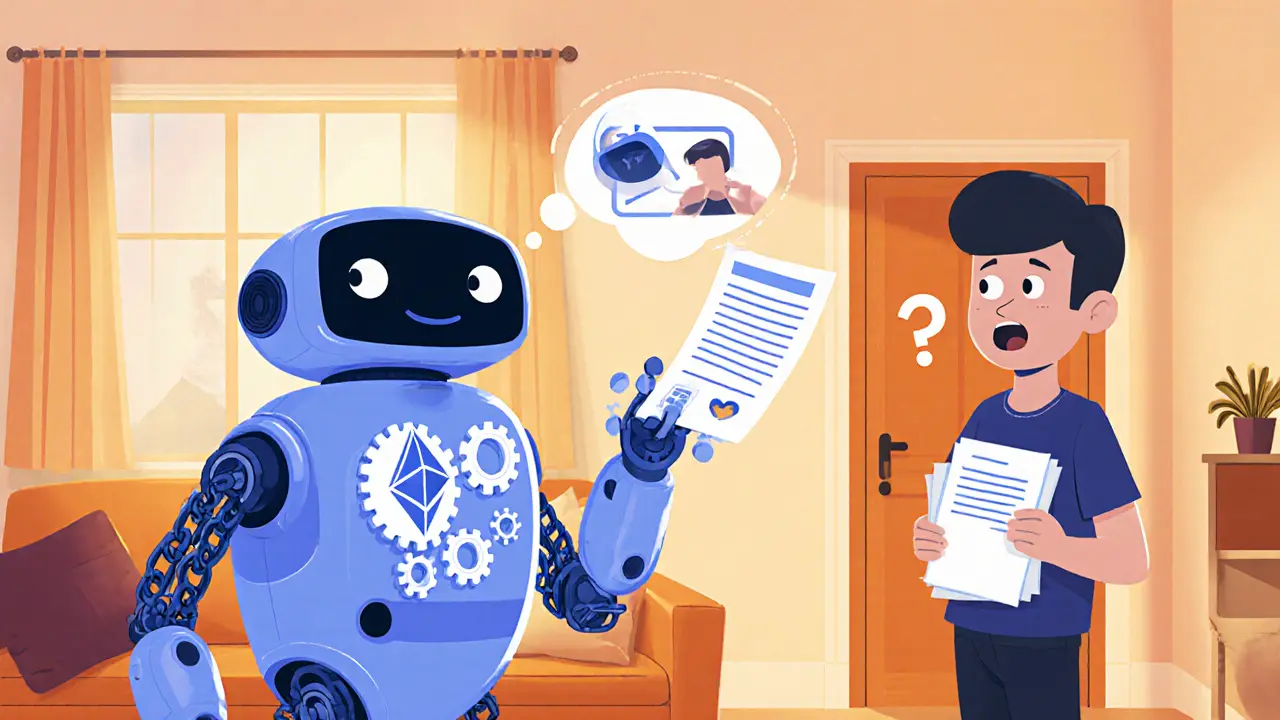 Ein freundlicher Roboter als Smart Contract prüft eine Zahlung und entsperrt automatisch eine Tür, während ein Mensch überrascht zuschaut.