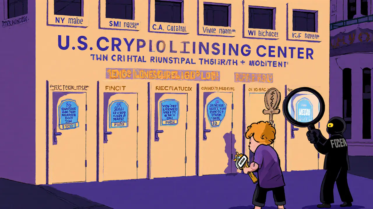 Ein Gründer vor einem Gebäude mit vielen Türen, jede für einen anderen Bundesstaat und seine Krypto-Lizenzanforderungen.