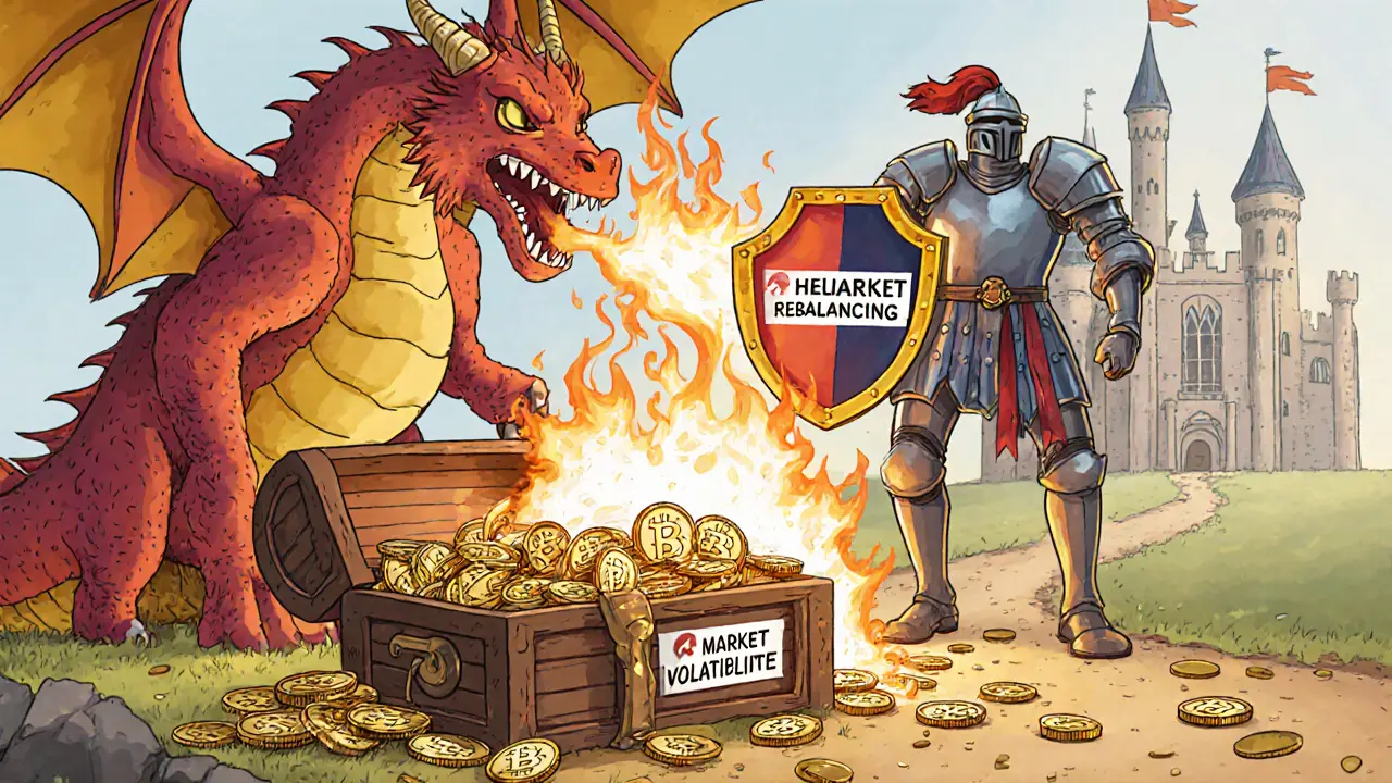 Ein Ritter mit Schild aus &#039;Risikoparity&#039; verteidigt einen Schatz vor einem Vulkan aus Marktvolatilität, während ein Pfad zur langfristigen Sicherheit führt.