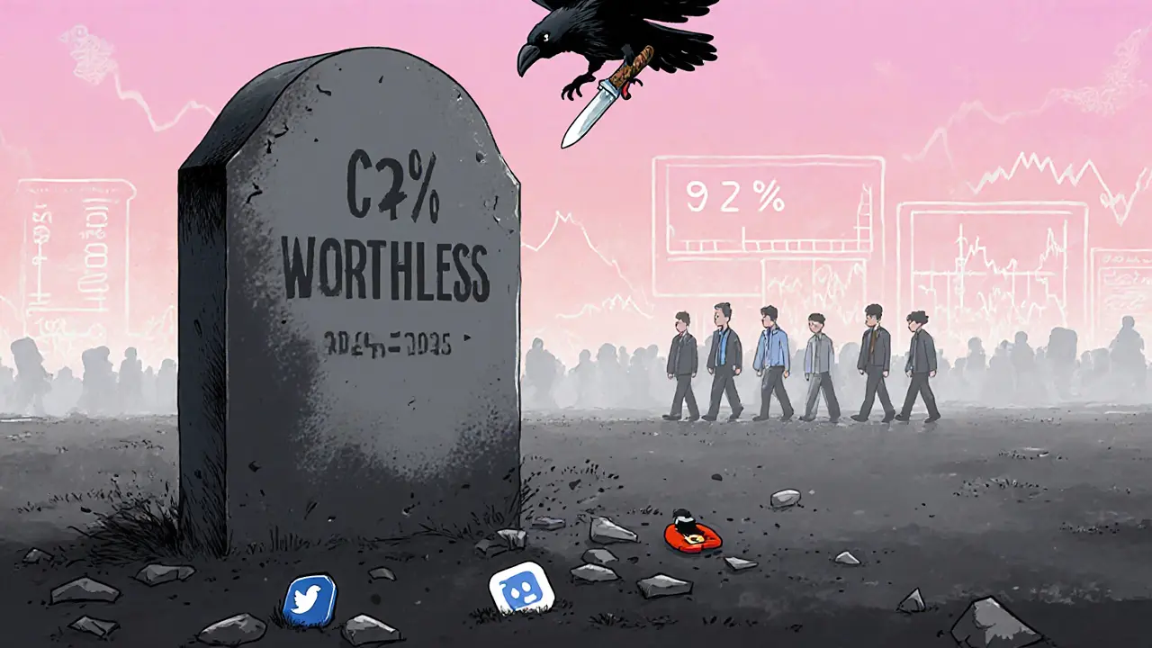 Ein verlassenes digitales Grabmal für CAW, während eine Krähe mit dem Messer davonfliegt und die Community verschwindet.