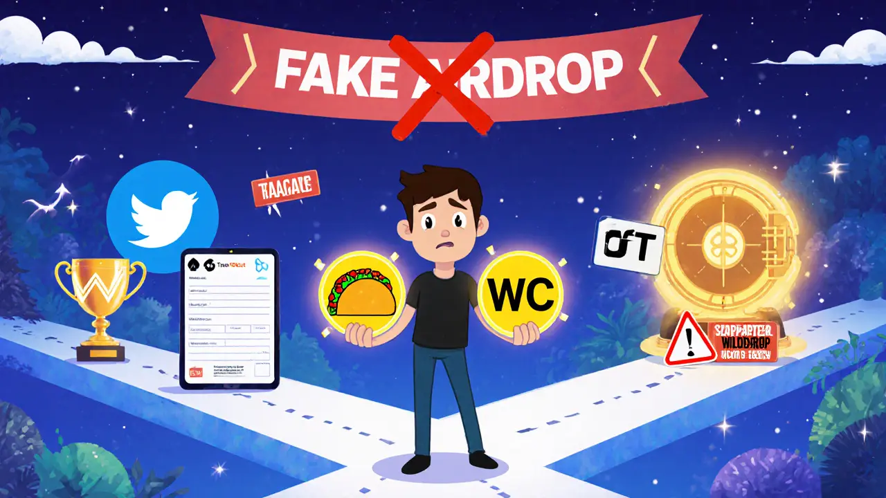 Eine Person steht an einer Kreuzung zwischen zwei Airdrop-Wegen, ein falscher Banner wird durchgestrichen.