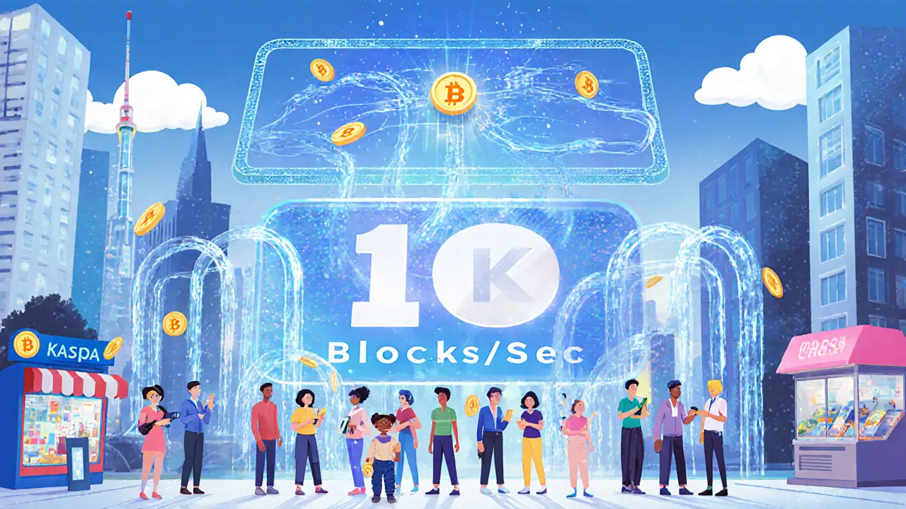 Eine Stadt, in der Kaspa-Münzen wie Wasser fließen und Menschen sofort mit ihrem Handy bezahlen, während eine holographische Anzeige '10 Blöcke/Sek.' zeigt.