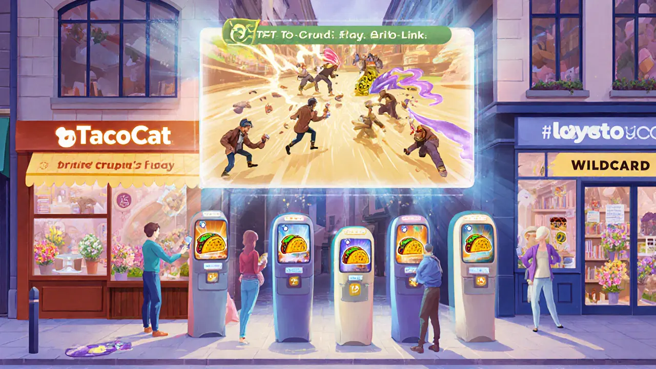 Europäische Kunden zahlen mit TCT-Token in Geschäften, während im Hintergrund ein Wildcard-Kartenspiel läuft.