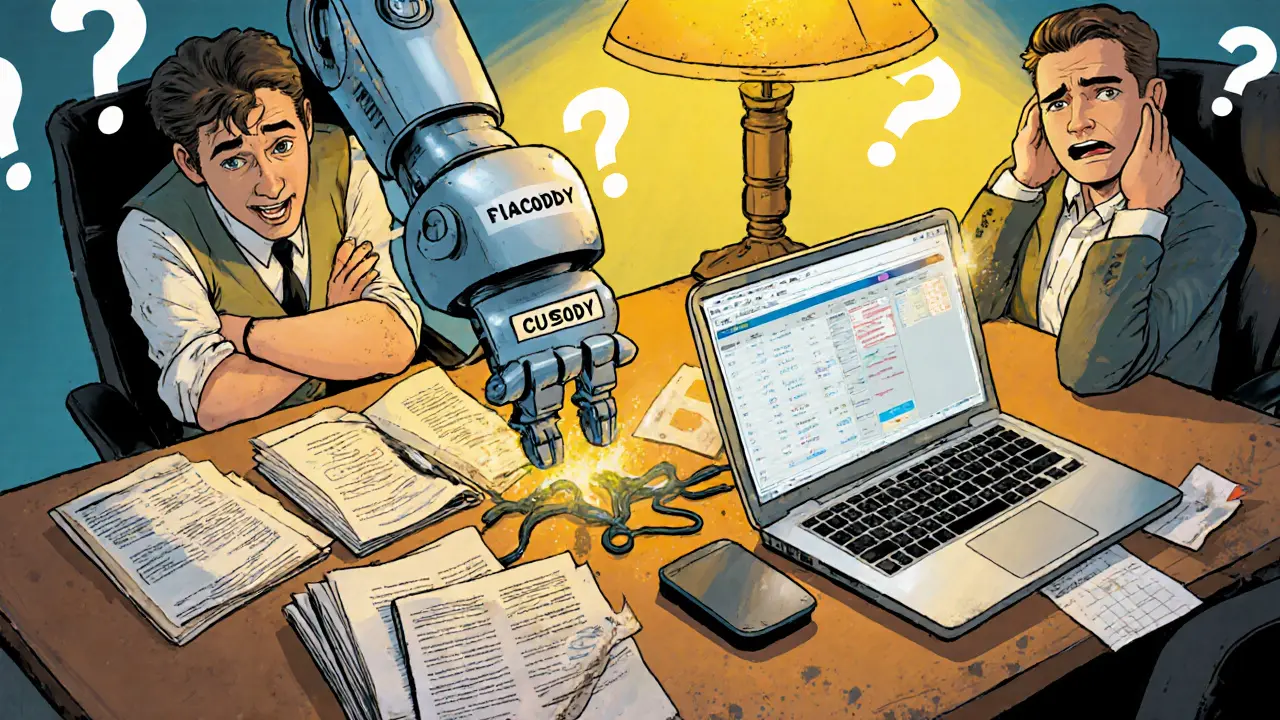 Finanzmitarbeiter kämpfen mit veralteten Systemen und einer unverständlichen Blockchain-Oberfläche in einem überlasteten Büro.