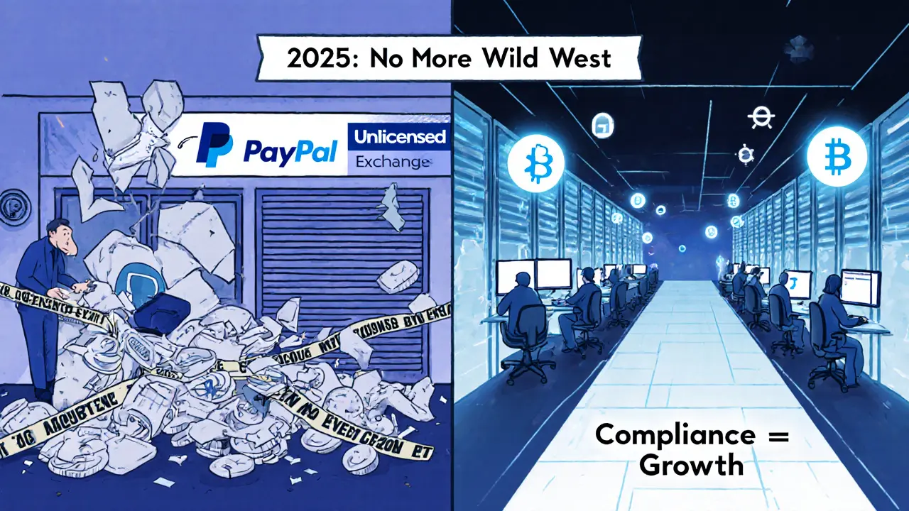 Gegenüberstellung eines gescheiterten Krypto-Unternehmens und eines complianten, modernen Krypto-Unternehmens im Jahr 2025.