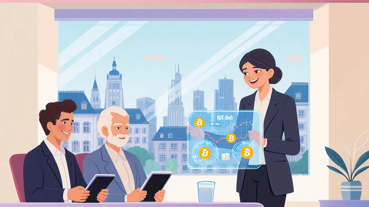 Kunden in einer Zürcher Bankfiliale beraten sich mit Advisor über Staking von BTC, ETH und SUI auf Tablets.