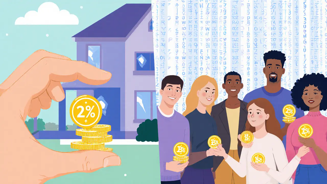 Mehrere Menschen halten kleine digitale Anteile an einem Haus und erhalten Miete als leuchtende Münzen, symbolisiert durch eine transparente Blockchain.