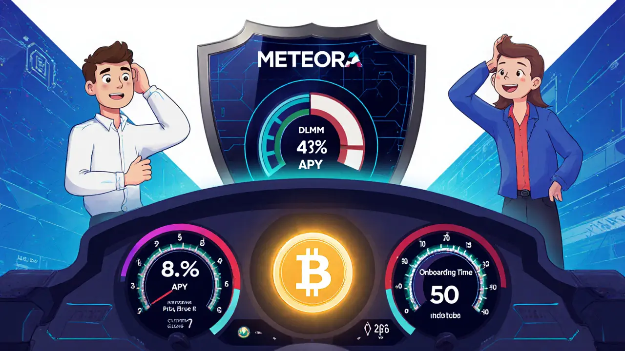 Meteora-Dashboard mit 8,3% APY, MET-Token und Sicherheitssystem, Onboarding-Zeit reduziert, Comic-Stil.