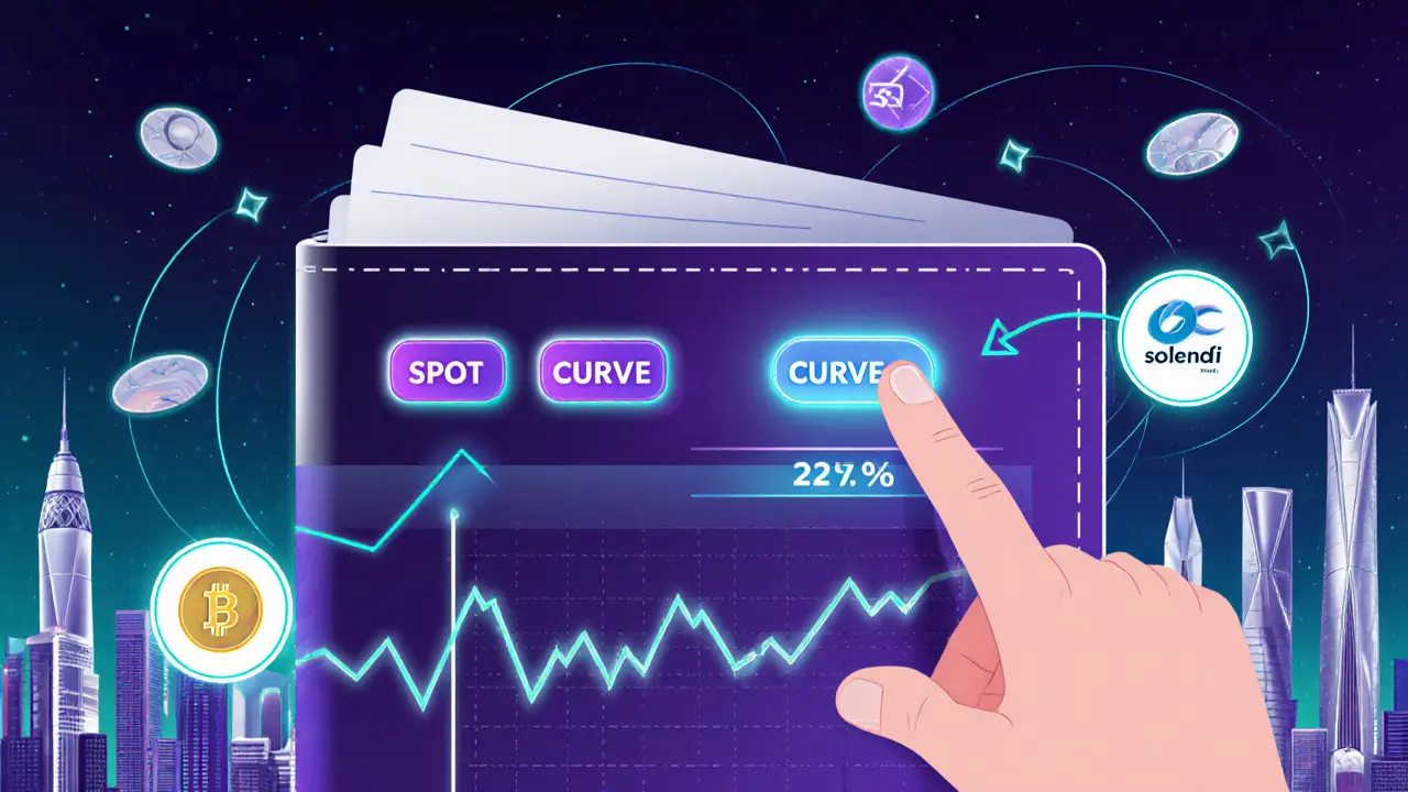 Meteora DLMM-Interface mit drei Liquiditätsmodi, Curve-Modus aktiviert, effiziente Kapitalnutzung dargestellt.