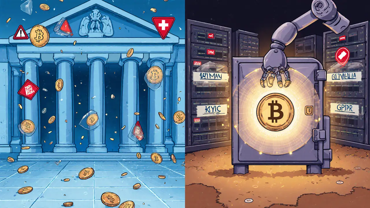 Vergleich: chaotische Krypto-Börse links, sichere Schweizer Bankvault mit FINMA-Schutz rechts.