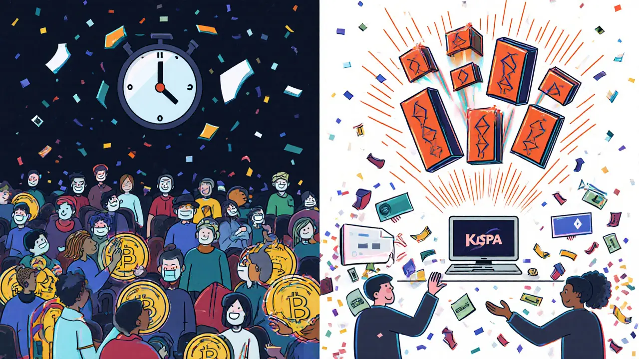 Vergleich: Langsame Bitcoin-Kette links, schnelle Kaspa-Block-Explosion rechts, ein PC minet mühelos in der Mitte.