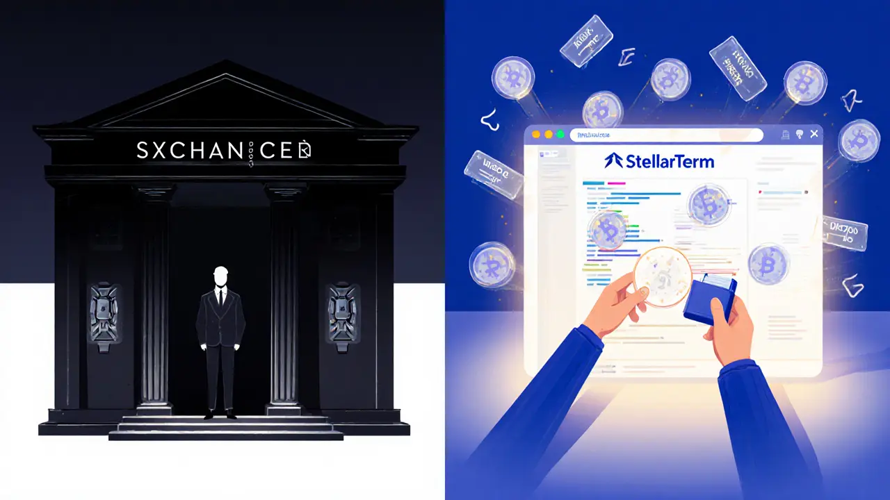 Vergleich: Verschlossene Zentralbank vs. offener StellarTerm-Portal mit direkter Nutzerkontrolle über Kryptowährungen.