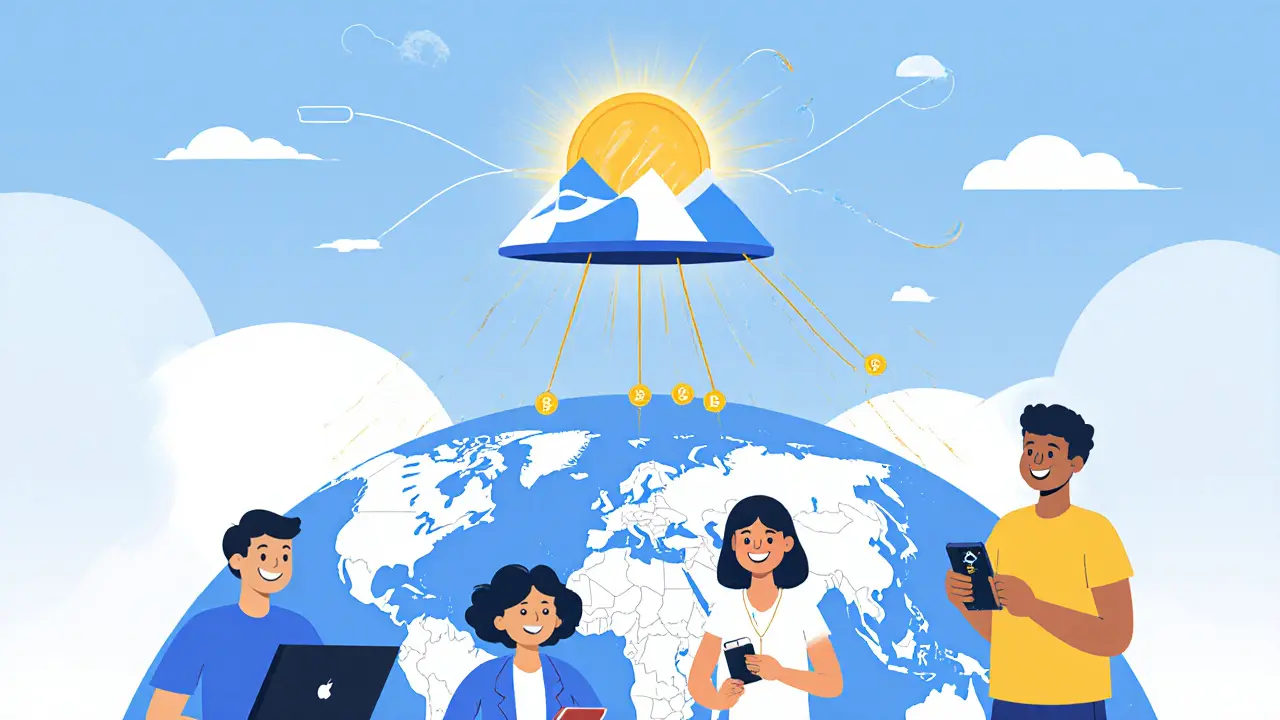 Verschiedene Nutzer verbinden sich sicher mit dem Stellar-Netzwerk über verschiedene Geräte, dargestellt als globale Verbindungsstruktur.