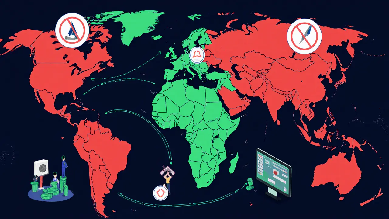 Weltkarte mit verbotenen und erlaubten Regionen für Privacy Coins, mit anonymen Transaktionen, die in Schattennetzwerke fließen.