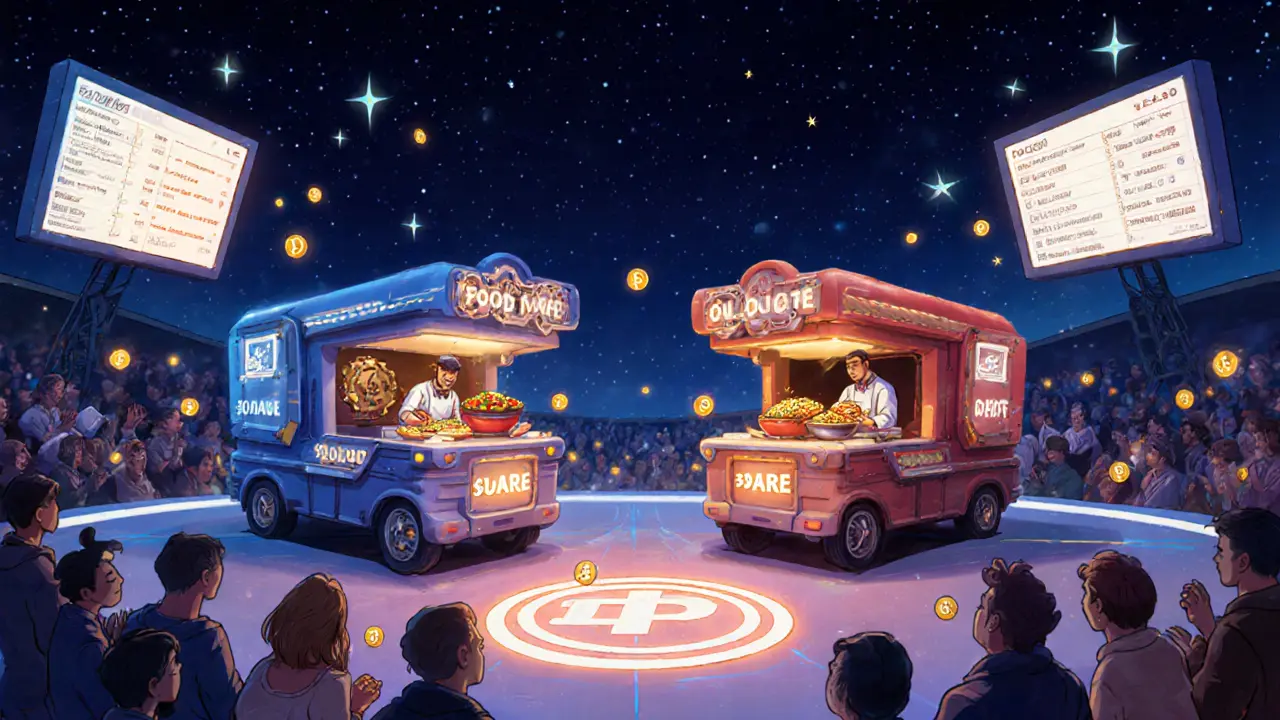 Zwei Spieler kämpfen in einer Food-Truck-Arena, während NFT-Gerichte entstehen und $ORARE-Tokens wie Glühwürmchen schweben.