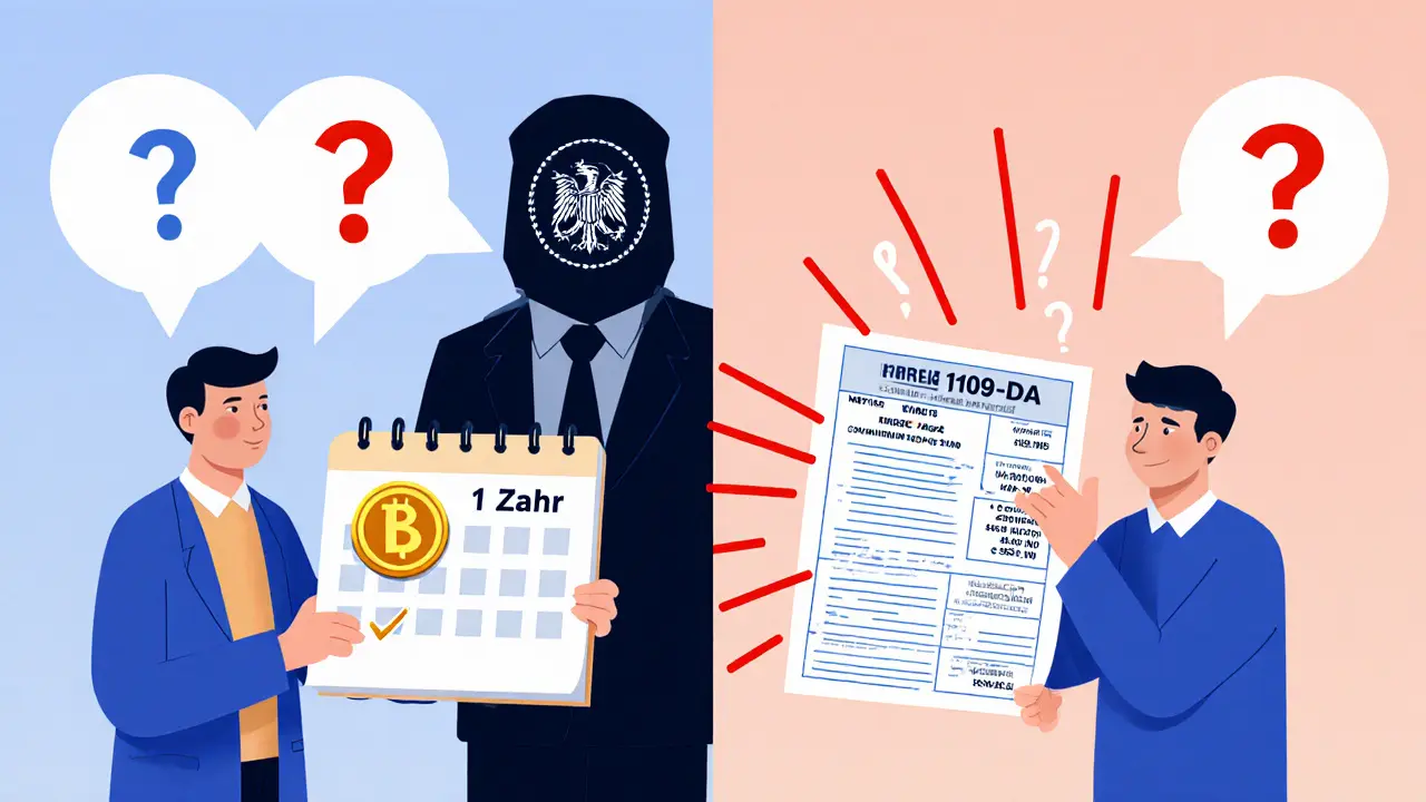 Deutscher Investor mit steuerfreier Kryptowährung neben US-Investor mit unvollständiger Steuerform.