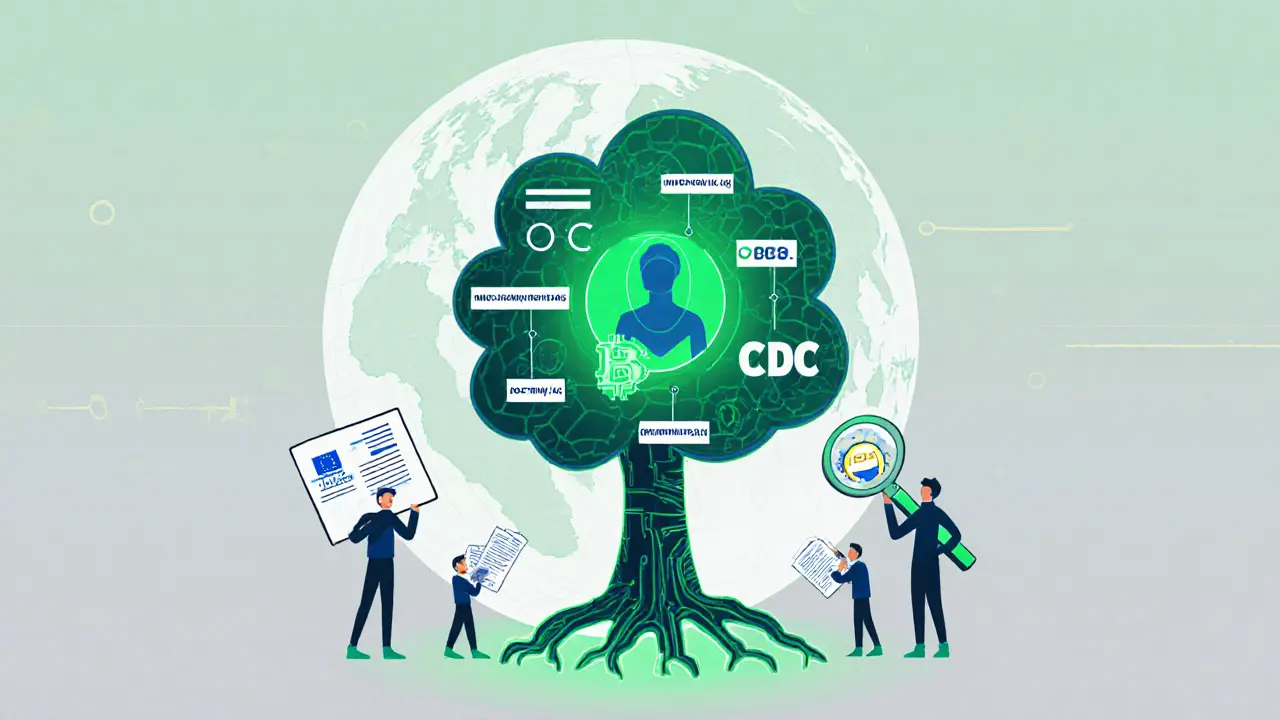 Digitale Identität mit ZKP und CBDCs als Wurzeln, verbunden mit einem globalen Register und einem Nutzer unter Überwachung.