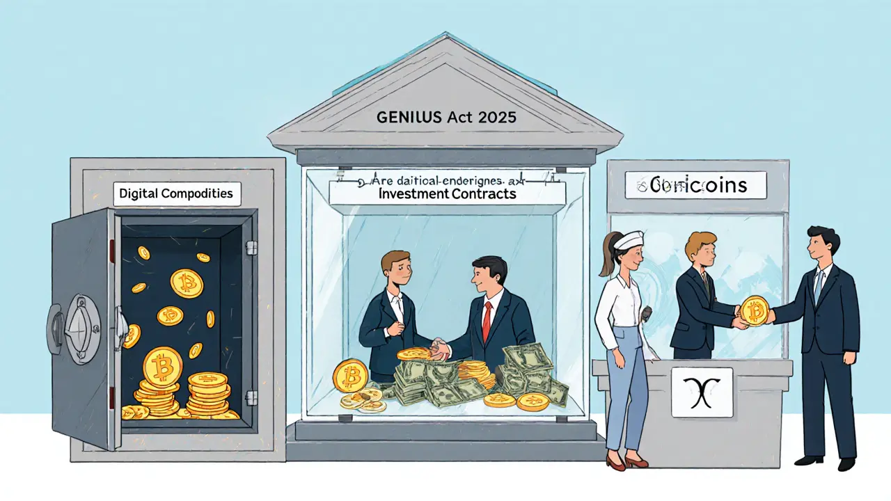 Drei klare Säulen der Krypto-Regulierung: Rohstoffe, Anlageprodukte und stabile Münzen unter einem neuen Gesetz.