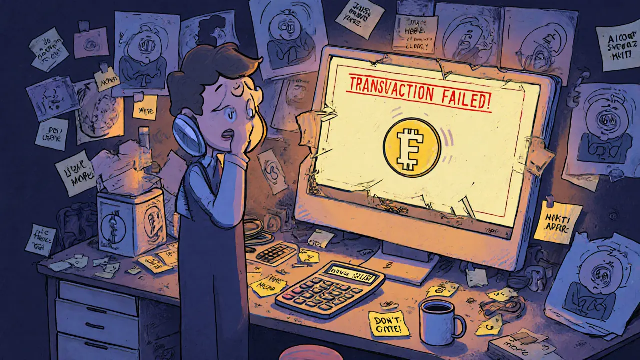 Ein Anleger steht vor einem gescheiterten Handel mit einem FRANK-Token auf einem Bildschirm.