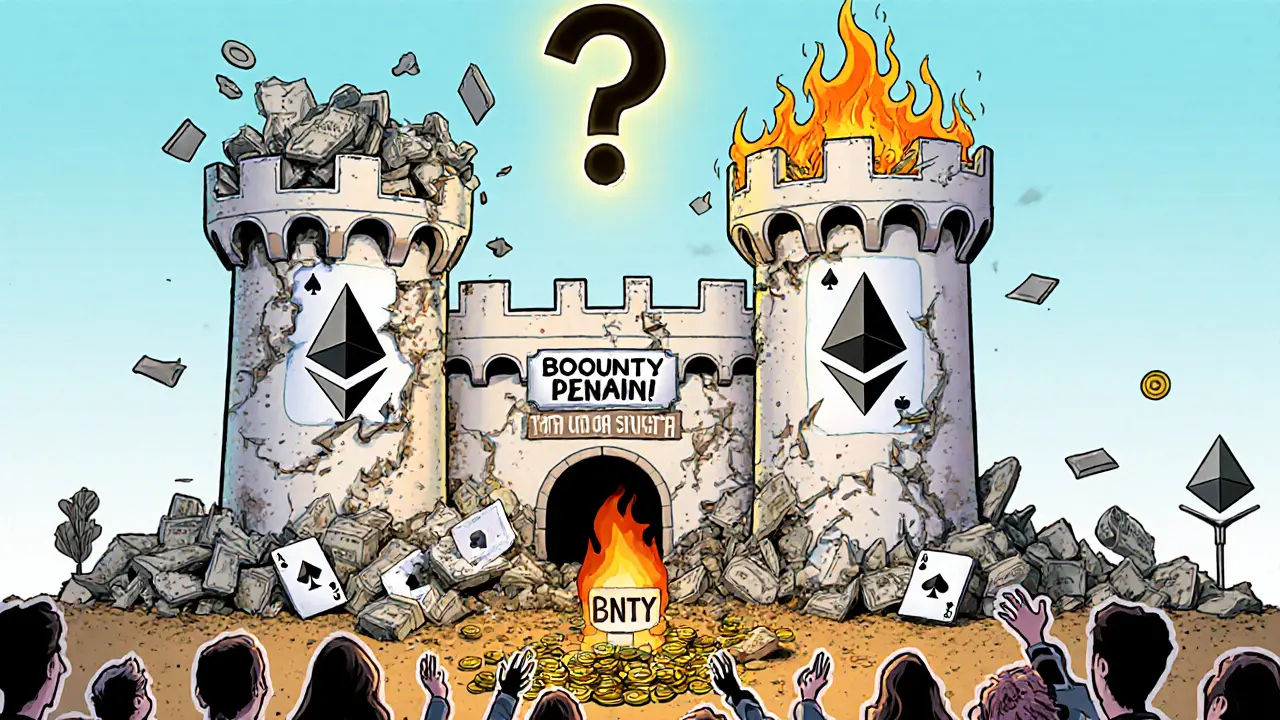 Ein aus zusammenbrechenden Karten bestehendes &#039;Bounty&#039;-Schloss, Symbol für spekulative Krypto-Verluste.