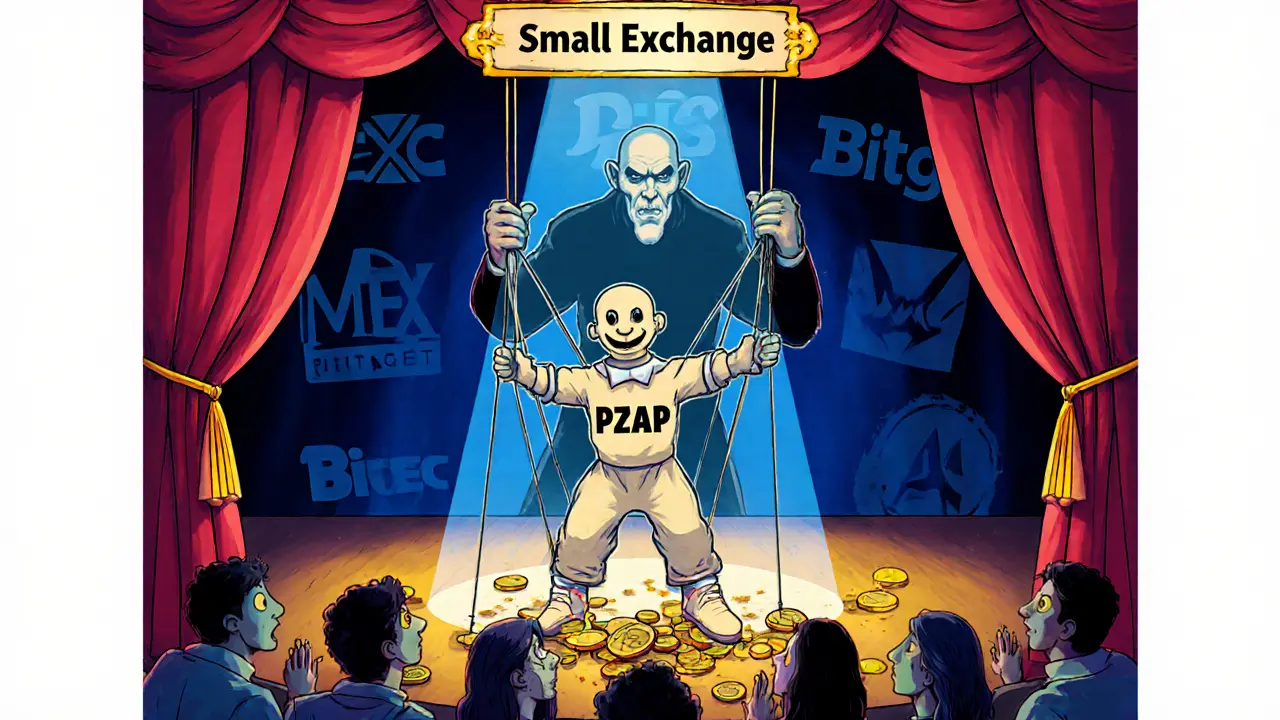 Ein böser Puppenspieler steuert einen PZAP-Puppen, während Anleger blind Geld dafür ausgeben.