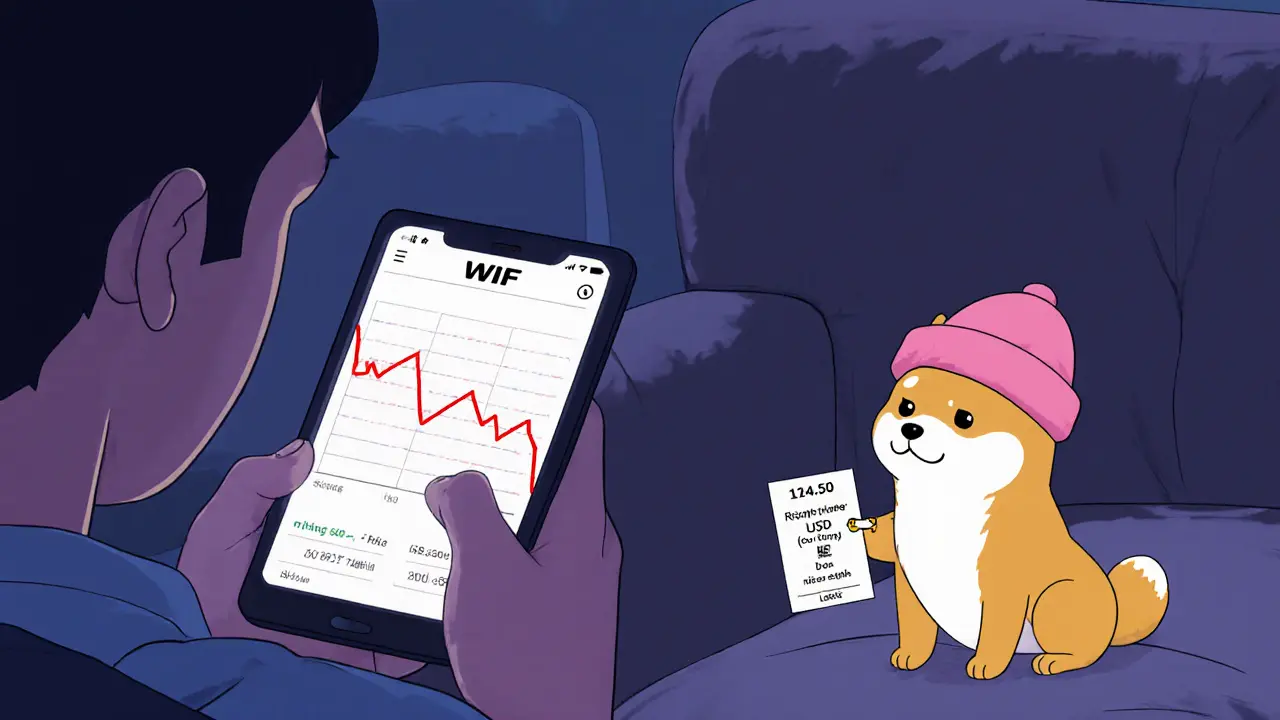 Ein junger Mensch schaut traurig auf eine fallende WIF-Preisgrafik, neben ihm der Hund mit Spendenquittung.