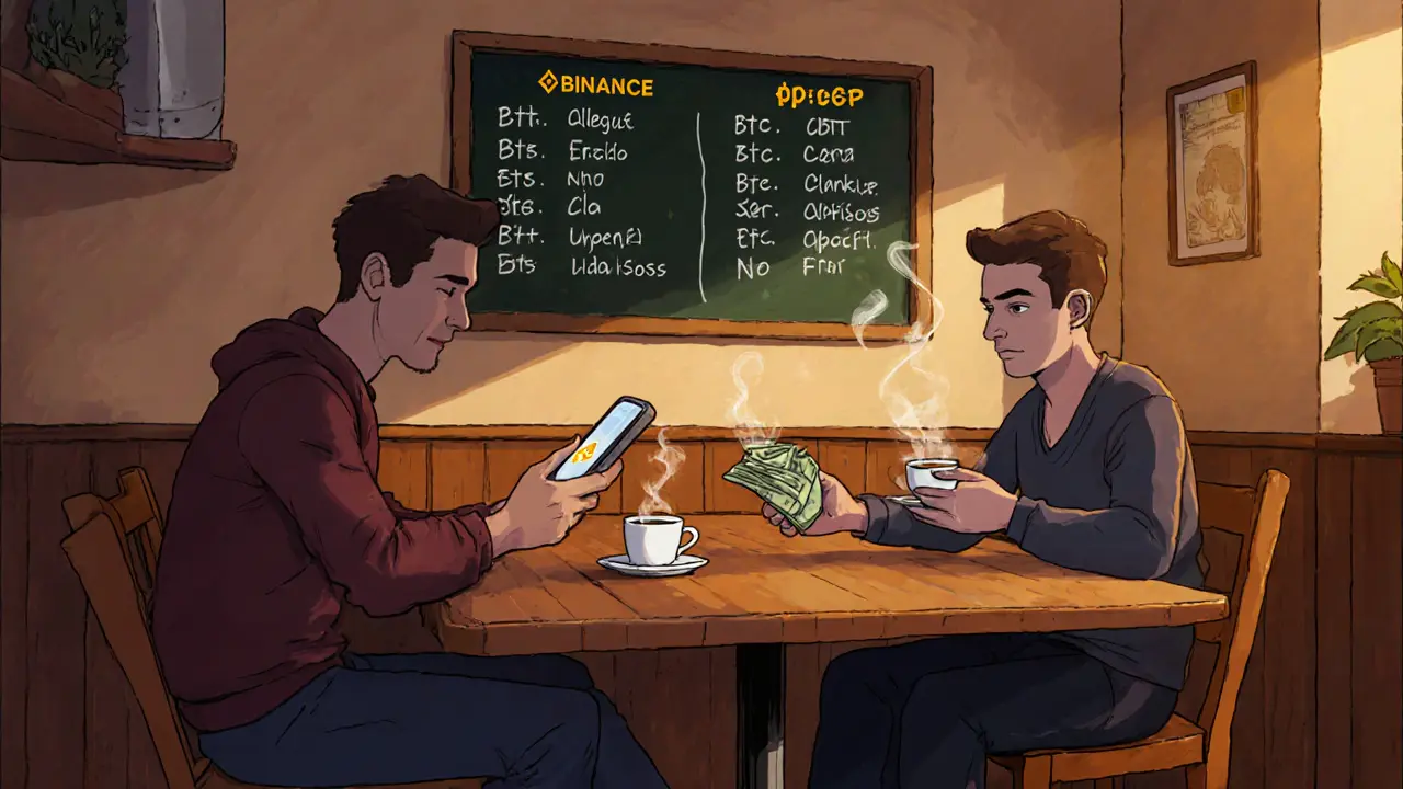 Ein Mann gibt in einem Café Bargeld für USDT gegen eine digitale Bestätigung.