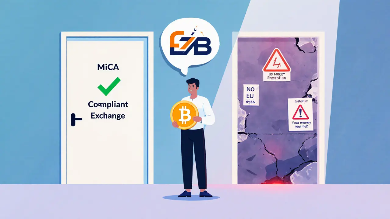 Ein Nutzer steht vor der Wahl zwischen einer sicheren und einer unsicheren Krypto-Plattform.