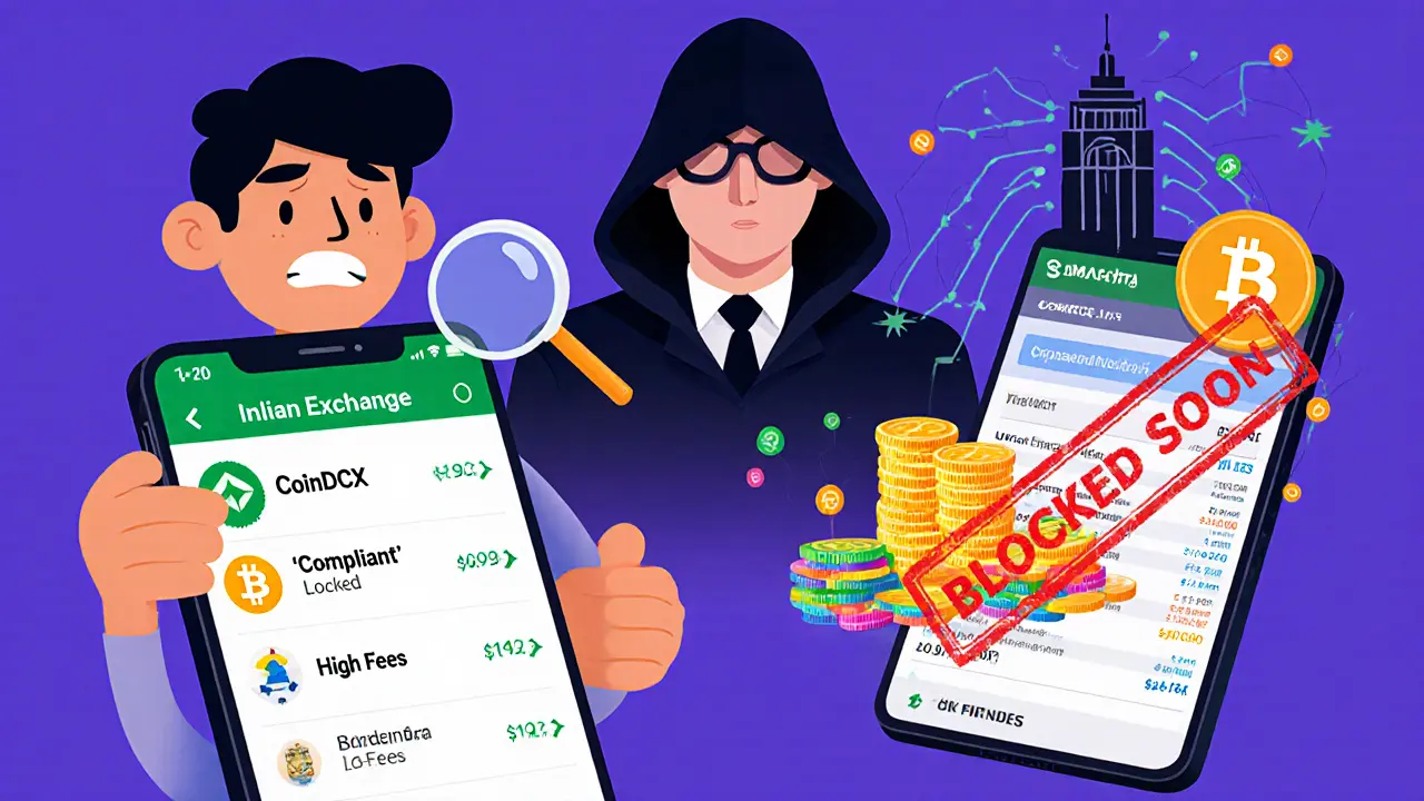 Ein Nutzer wählt zwischen einer sicheren, aber teuren indischen Börse und einer riskanten, bald blockierten ausländischen Börse.