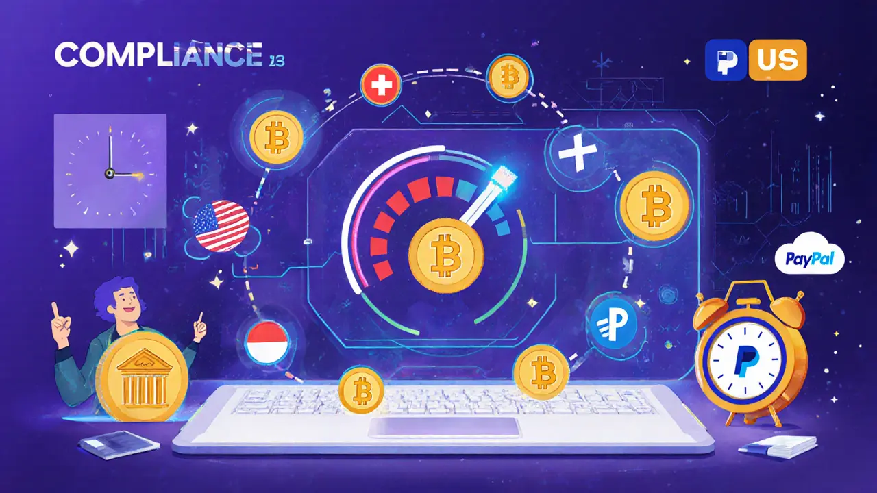 Ein Risikoscore steigt, als Geld zwischen Blockchains wandert — Compliance-Systeme warnen vor Geldwäsche.