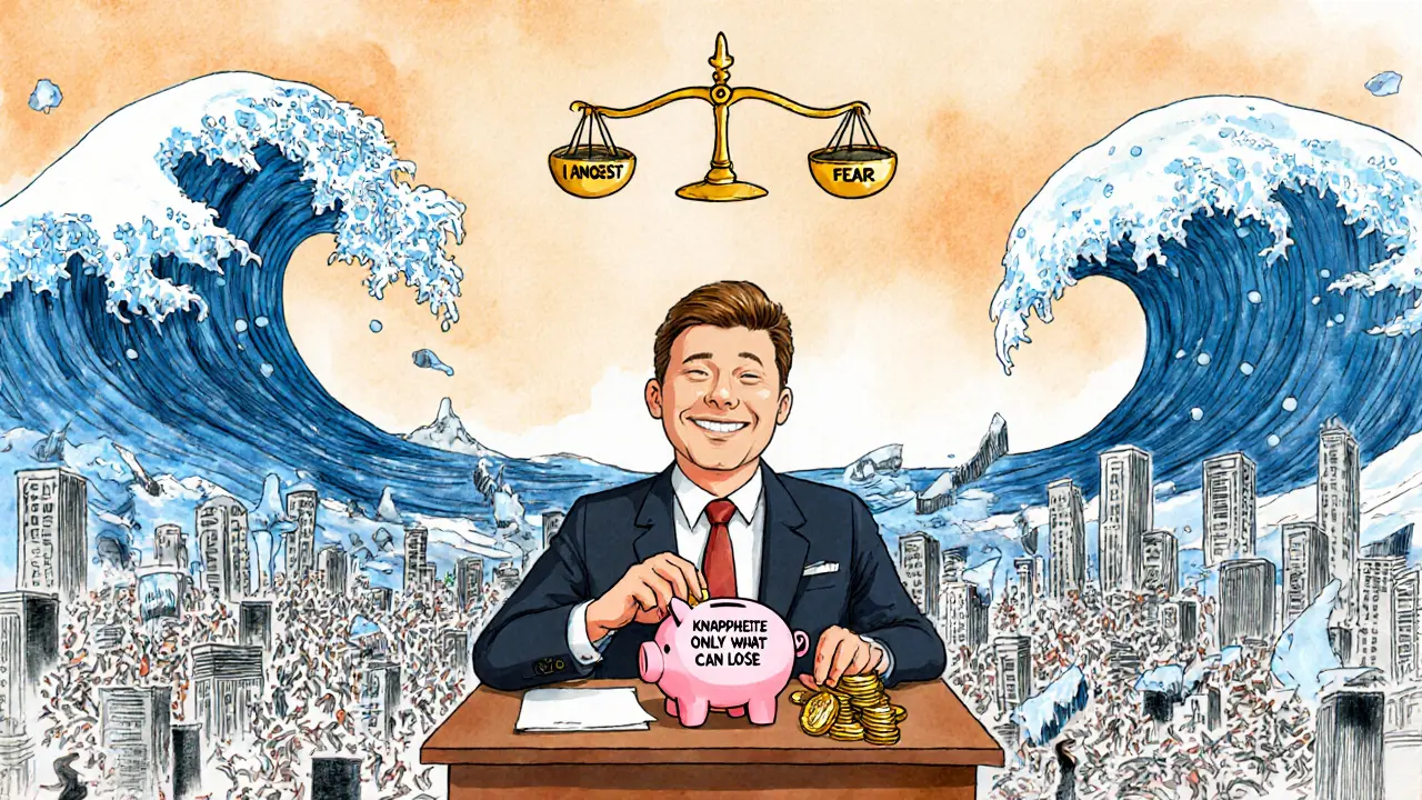 Ein ruhiger Anleger legt Geld beiseite, während hinter ihm eine Welle aus digitalen Währungen eine Stadt überschwemmt.