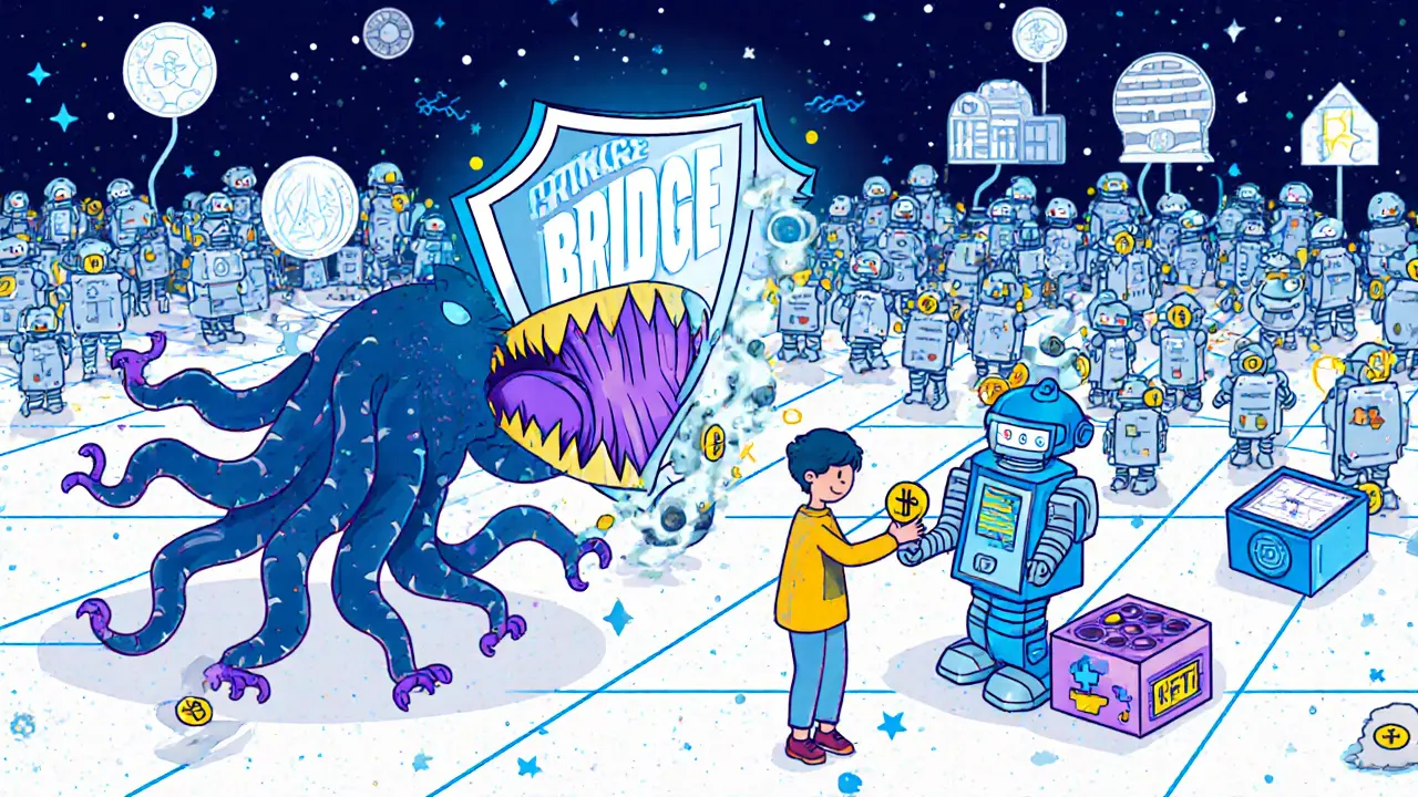 Ein Sicherheitsschild aus ZK-Beweisen schützt ein vernetztes Blockchain-Netzwerk vor einem Hack-Monster.