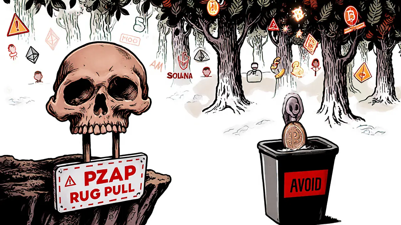 Ein Totenkopf-Schild mit &#039;PZAP&#039; warnt vor einem Abgrund, während echte Kryptowährungen daneben gedeihen.