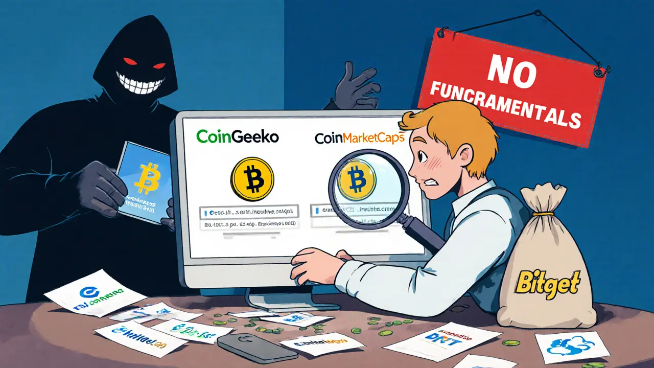 Ein Trader prüft die Vertragsadressen von BNTY-Token mit einer Lupe, um den falschen nicht zu kaufen.