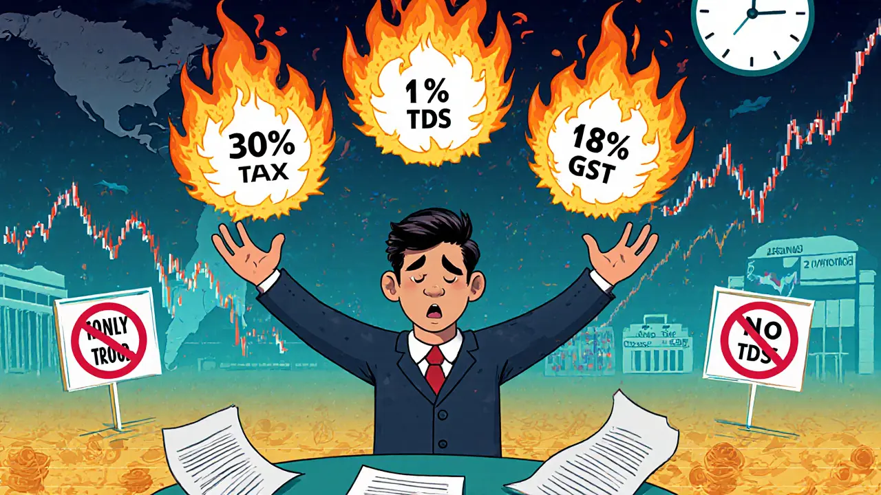 Ein überlasteter Trader hält drei steuerliche Flammen und versucht, Transaktionsaufzeichnungen zu organisieren, während die Marktgrafik sinkt.