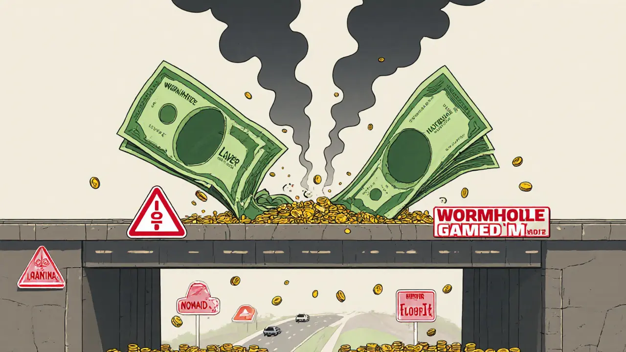 Einbruchende Brücke mit Hack-Schäden, daneben sichere Layer-1-Straße und effizienter Layer-2-Tunnel mit Transaktionen.