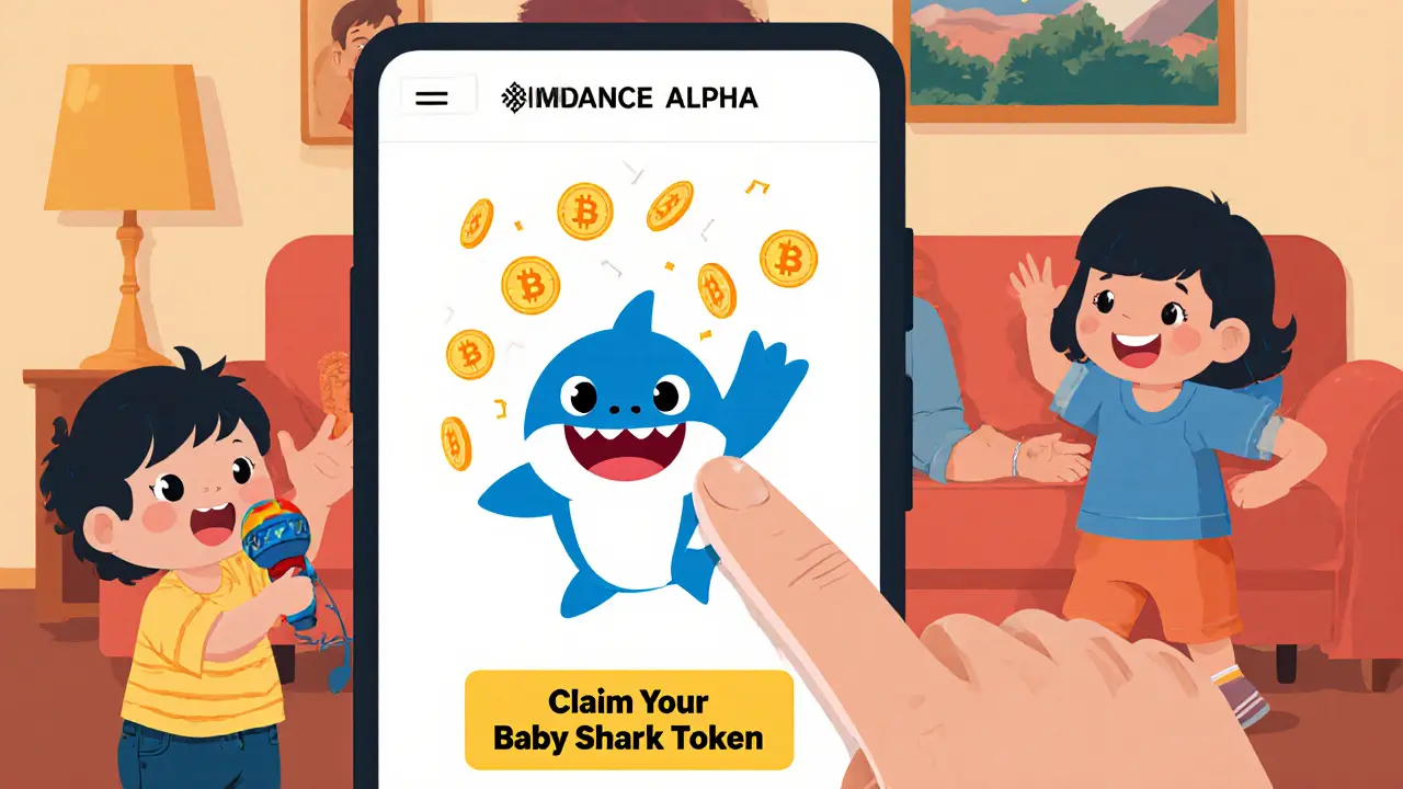 Eine Hand tippt auf ein Smartphone, während ein Baby-Hai 510 Tokens regnen lässt.