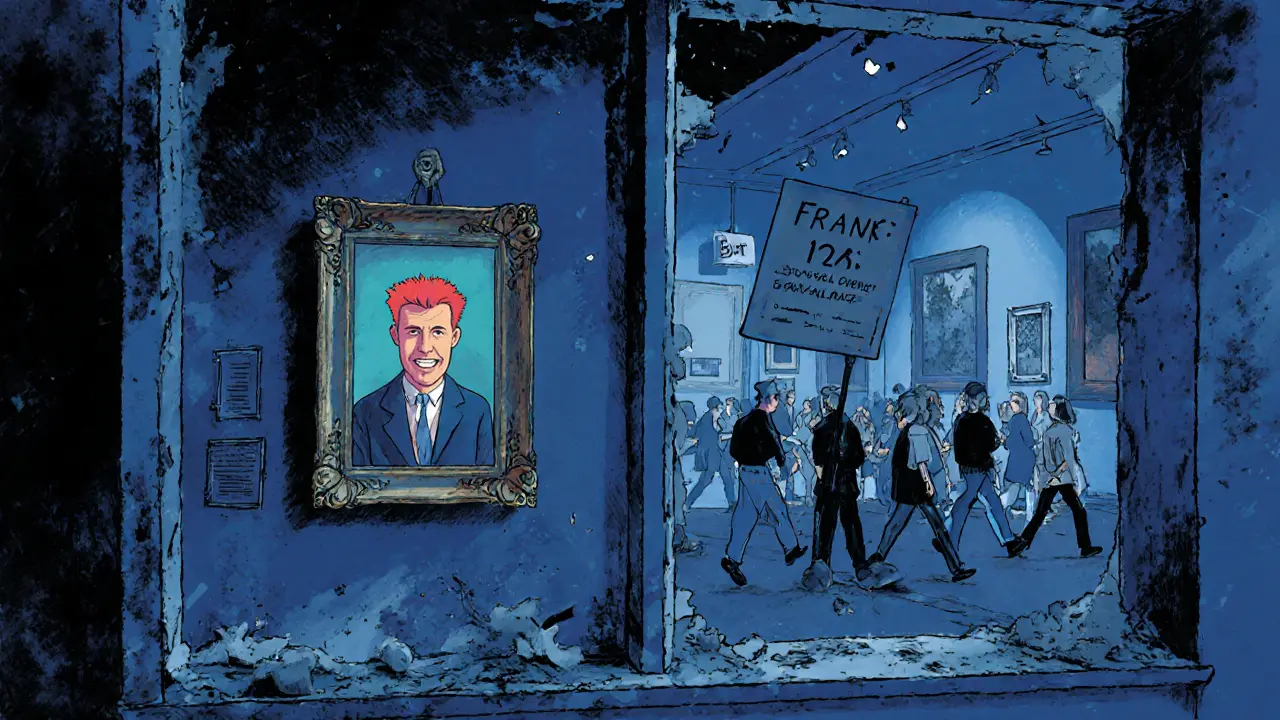 Eine leere Kunstgalerie mit nur einem Bild von Frank, während Besucher gehen.