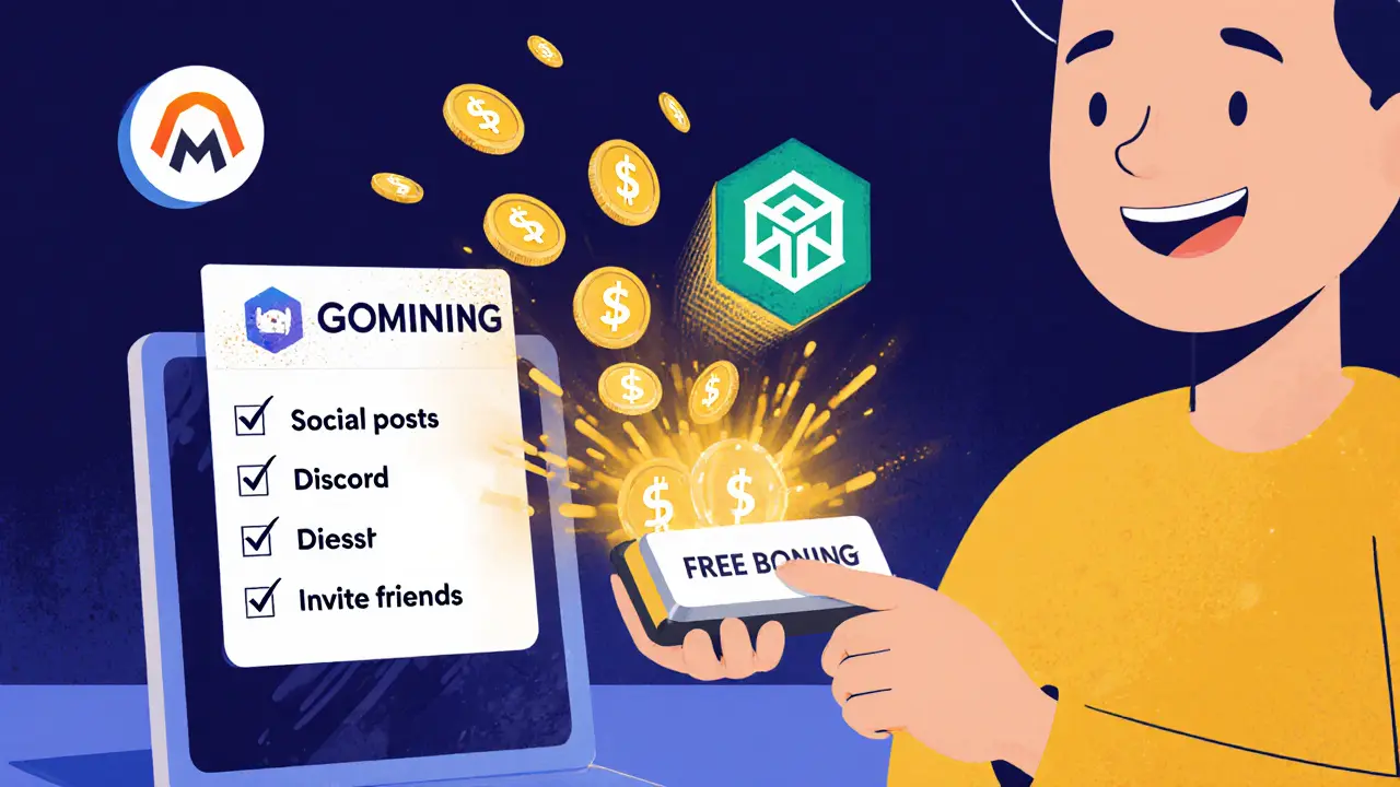 Eine Person aktiviert einen kostenlosen Bonus-Miner, während 25 $GOMINING-Token aus dem Bildschirm in ihre Wallet fließen.