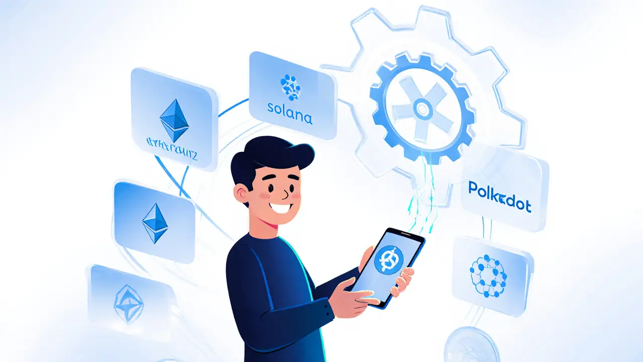 Eine Person mit einer universellen Wallet-App, die Vermögenswerte aus mehreren Blockchains gleichzeitig verbindet.