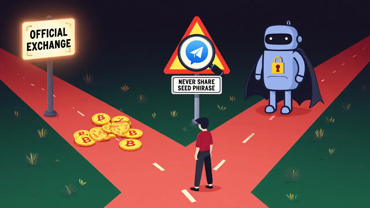 Eine Person steht vor zwei Wegen: einer sicheren Börse und einem betrügerischen Telegram-Bot.